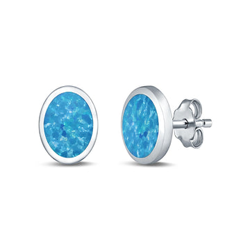 Oval Stud Earrings Lab Created Blue Opal 925 Sterling Silver (6mm-12mm)